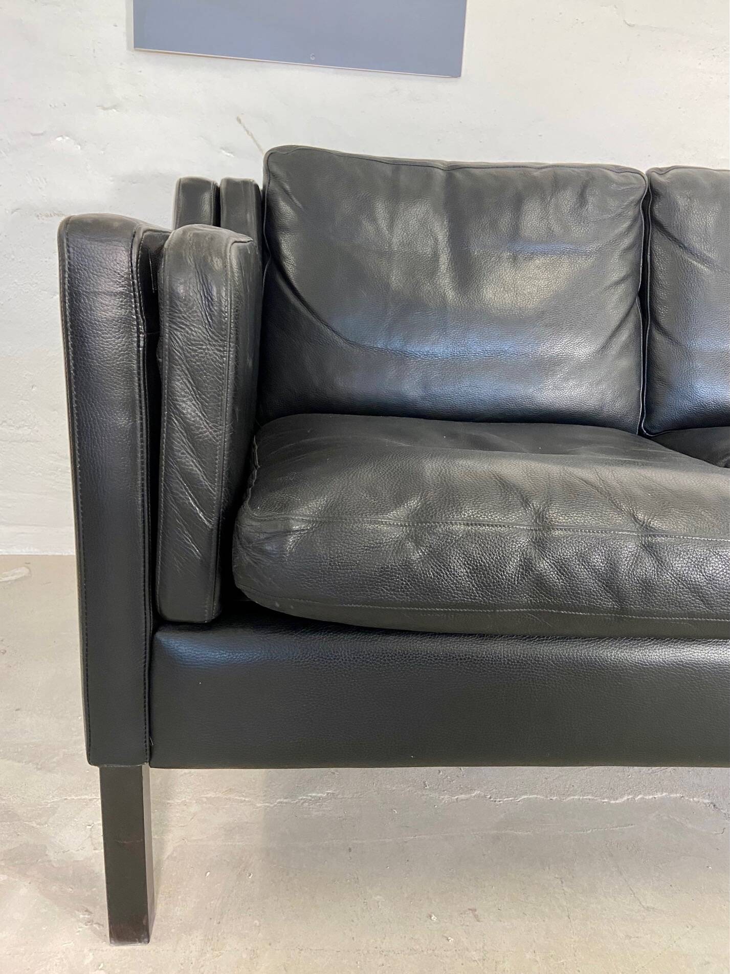 Vintage danish black leather 3 person stouby sofa