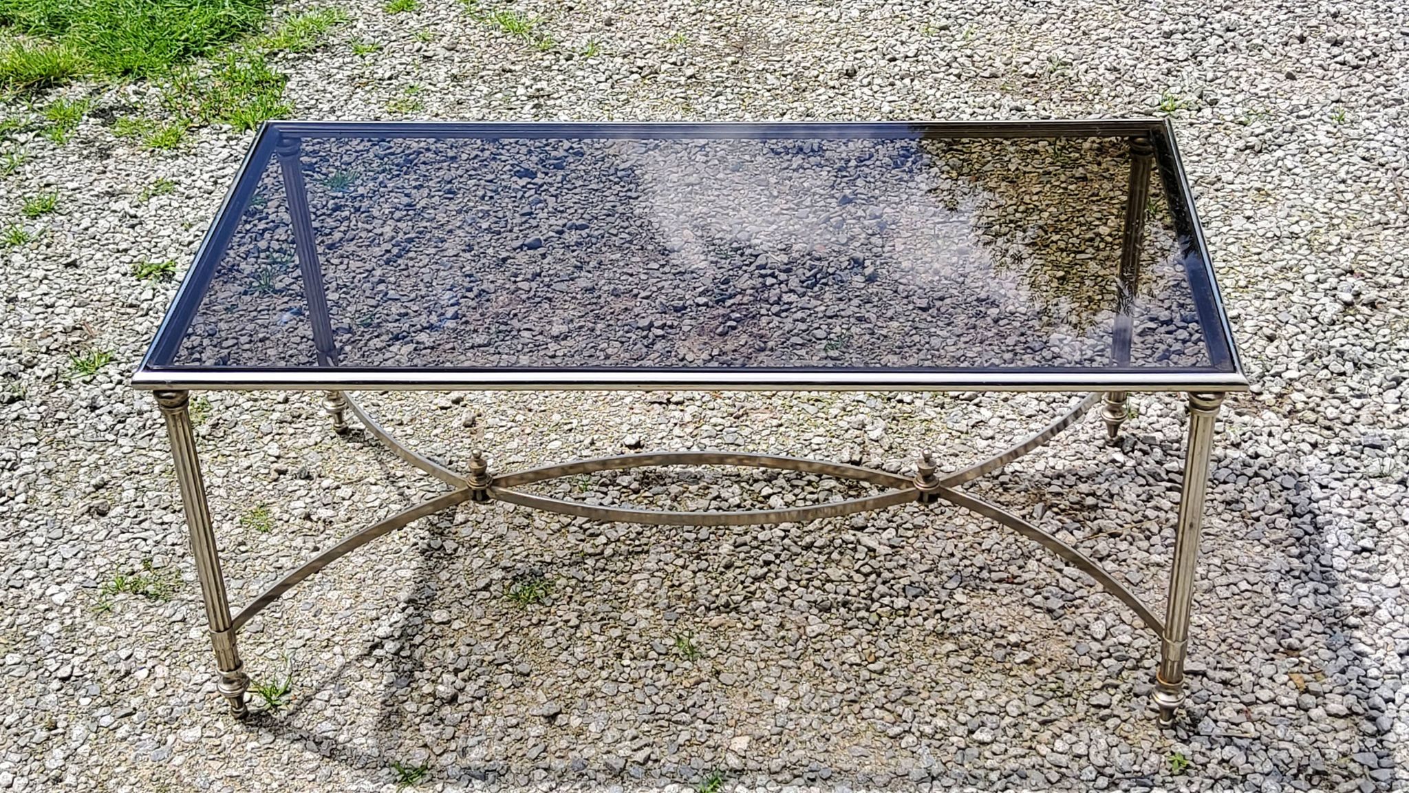 Chrome metal coffee table with smoked glass top in neoclassical style, 1970s.