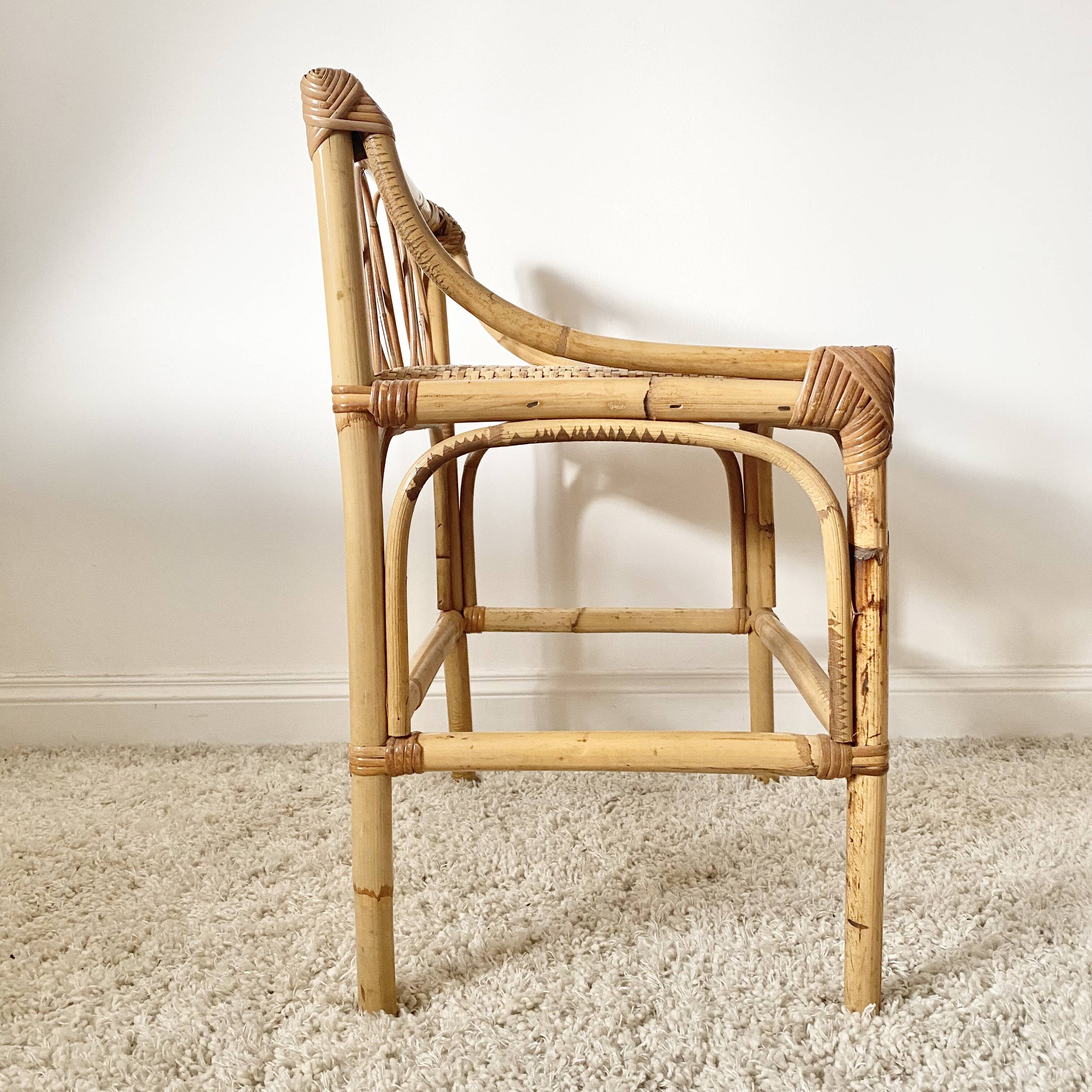 Vintage rattan desk with stool
