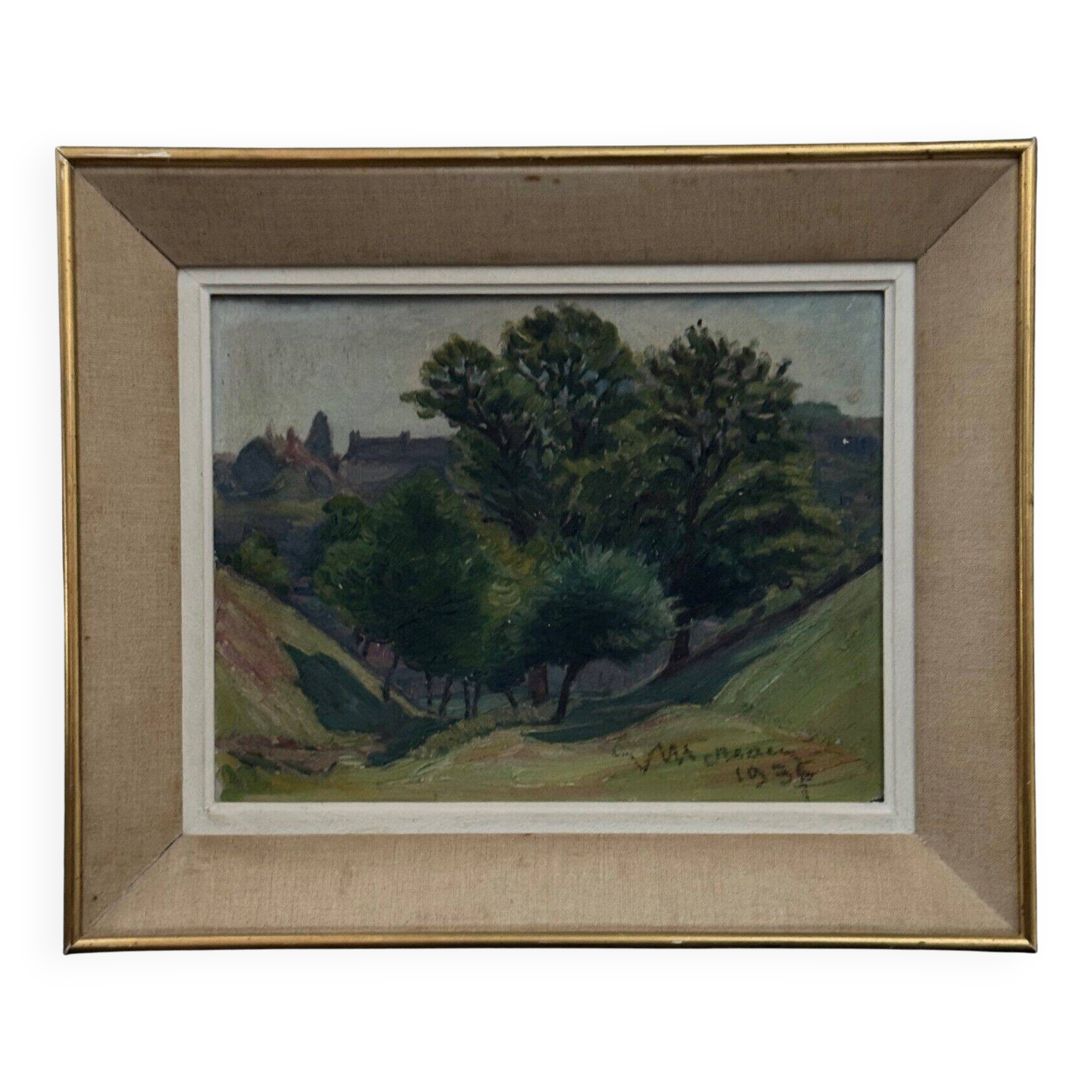 Oil on cardboard by Mereau 1936 representing a grove of trees