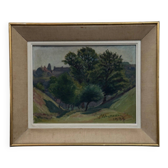 Oil on cardboard by Mereau 1936 representing a grove of trees