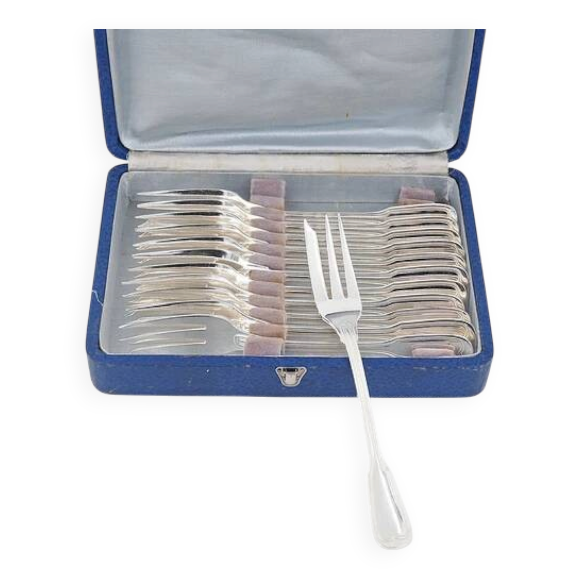 Sfam model Filet, 12 long cake forks, 16 cm, in silver-plated metal.