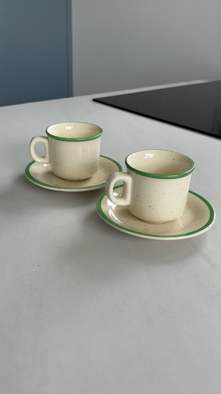 Set of 6 vintage speckled beige and green espresso cups – coffee service