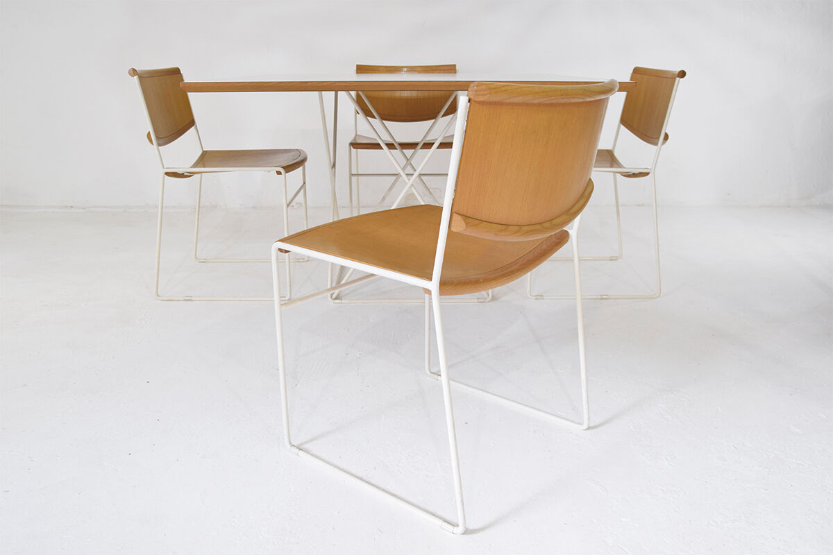 Minimalist Modernist dining set 4 wire chairs with maple wood and matching dining table,1980s