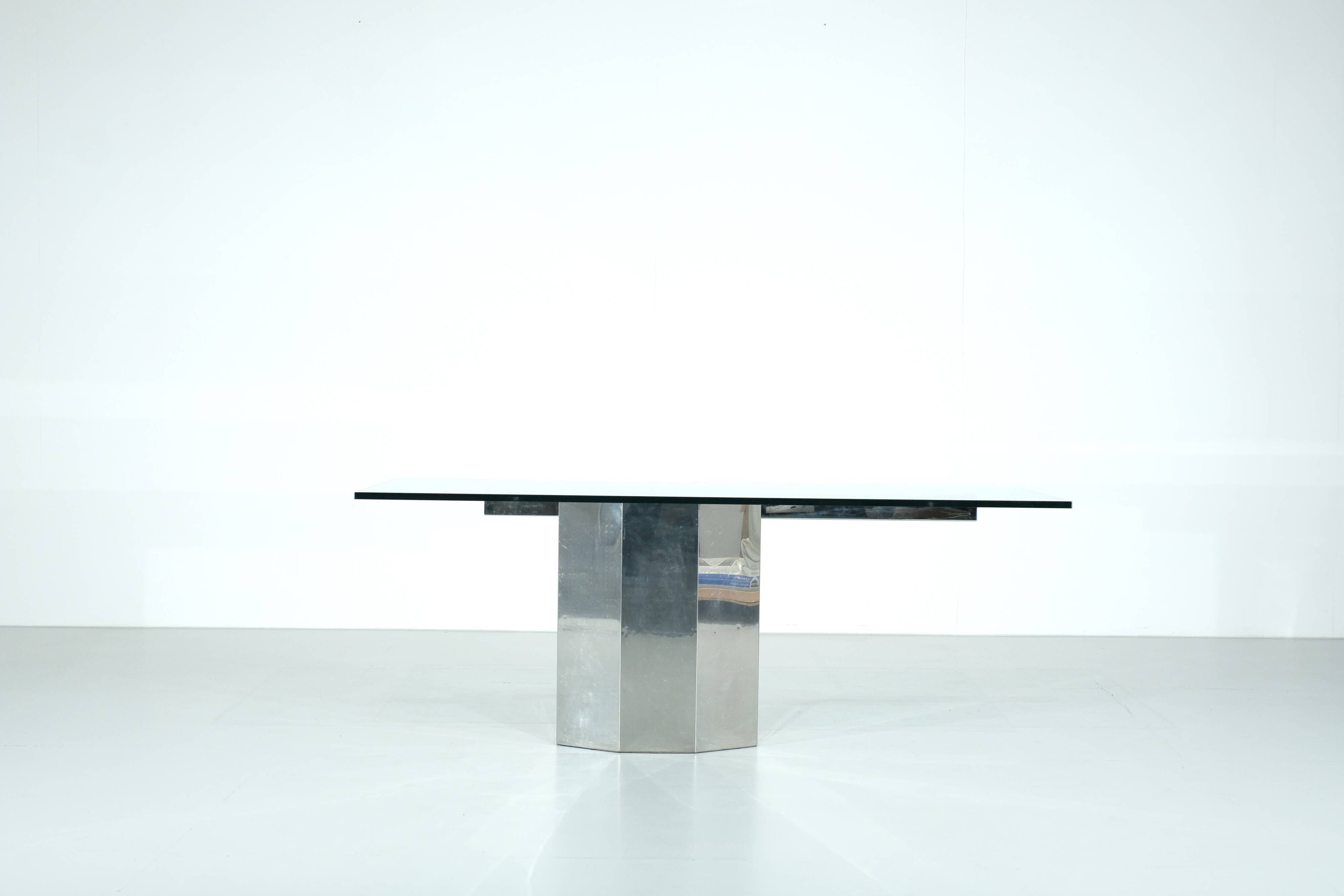 Glass table on chrome base, Italy - 1970s