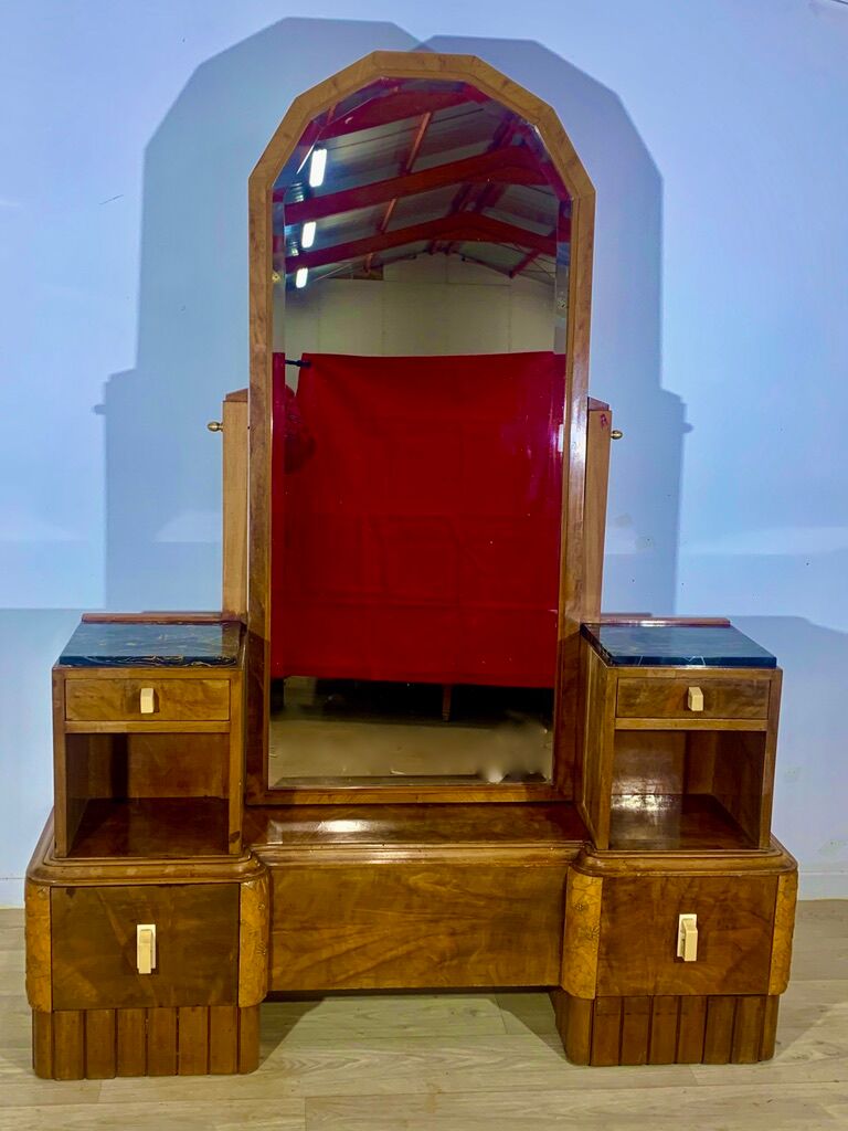Dressing table art deco 1920 walnut magnifying glass portor marble