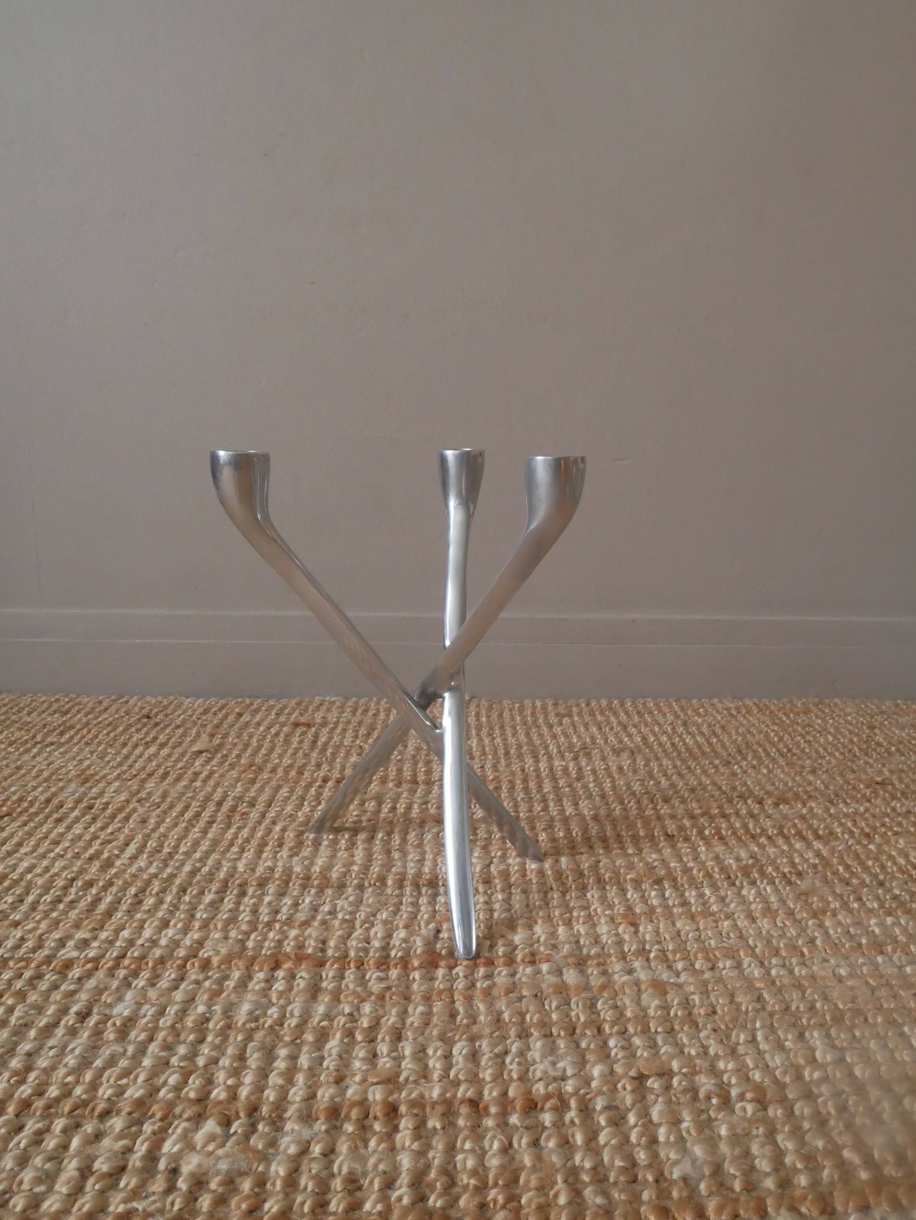 Aluminum candle holder tripod chrome vintage 70s candelabra candlestick Scandinavian design
