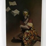 Surrealist painting on panel, “Young Woman with Books”