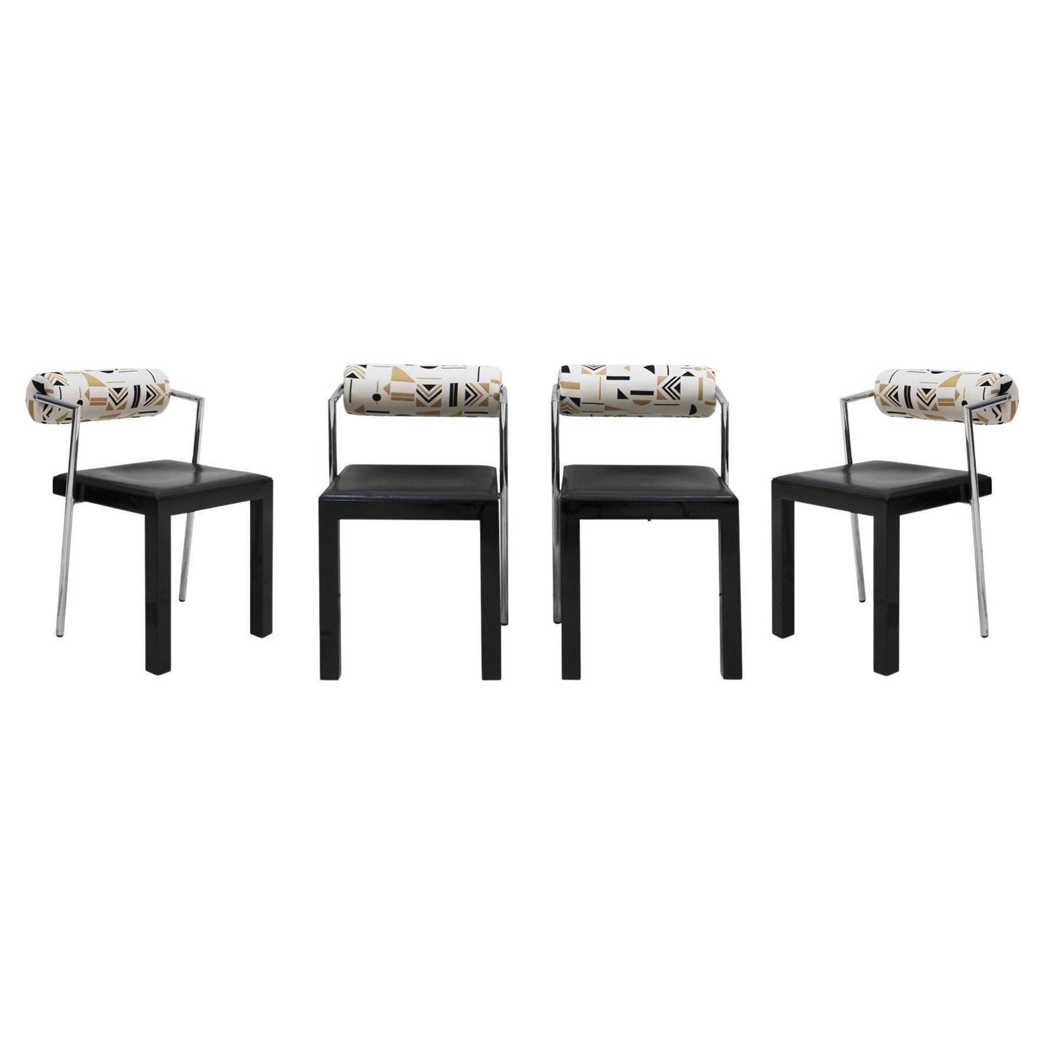 Set of Four Italian Chairs Edited by Saporiti. Jacquard Back and Leather Seat