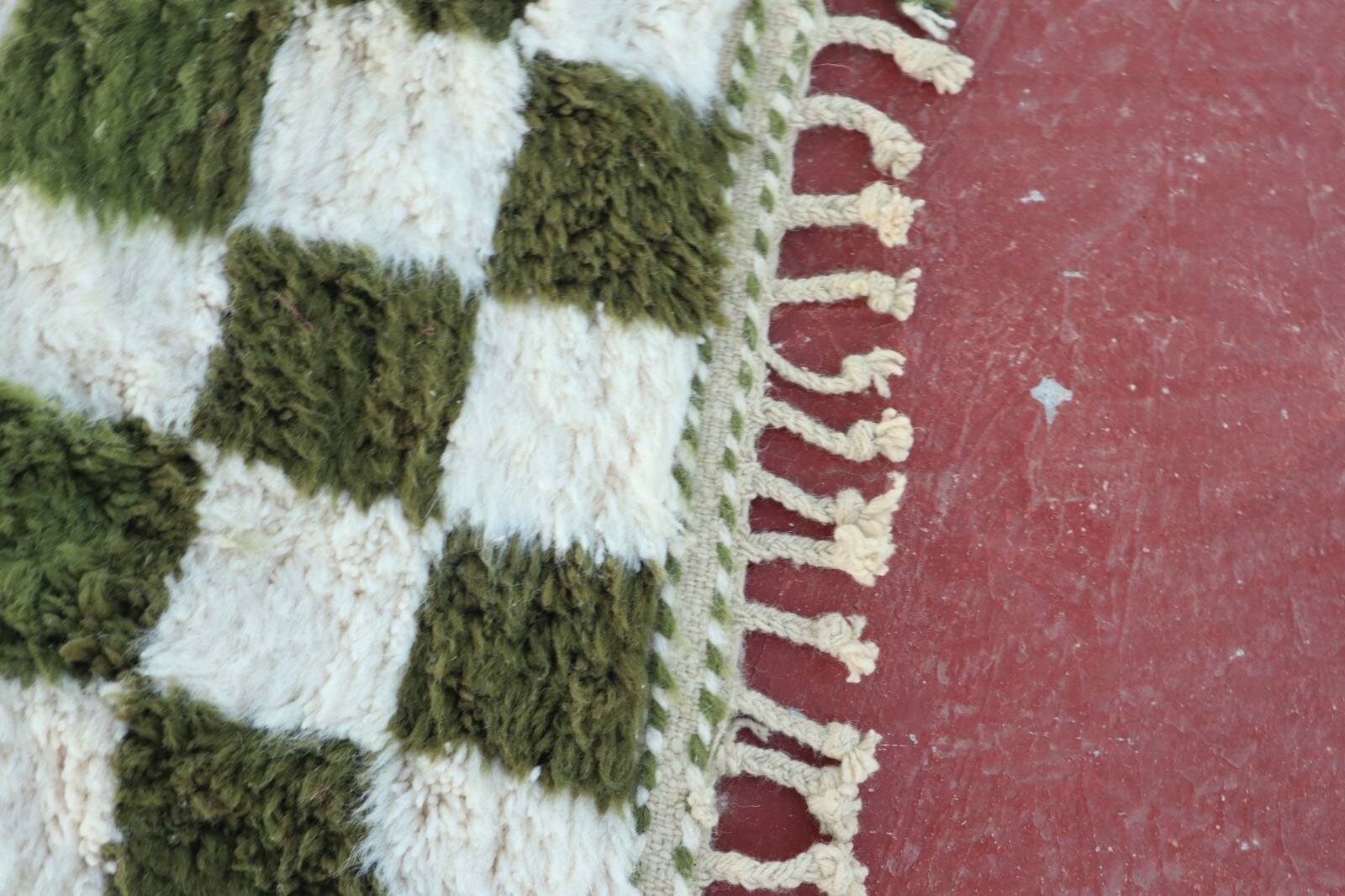 Beni Ouarain rug in Khaki Green and Cream Checkerboard, Handmade, 250x150cm