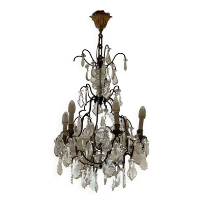 Lustre 6 feux en bronze et cristal taillé du début XXème - 1mx50cm