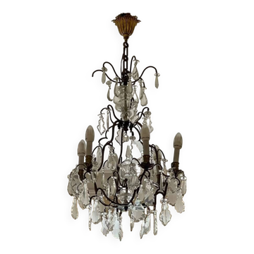 Lustre 6 feux en bronze et cristal taillé du début XXème - 1mx50cm