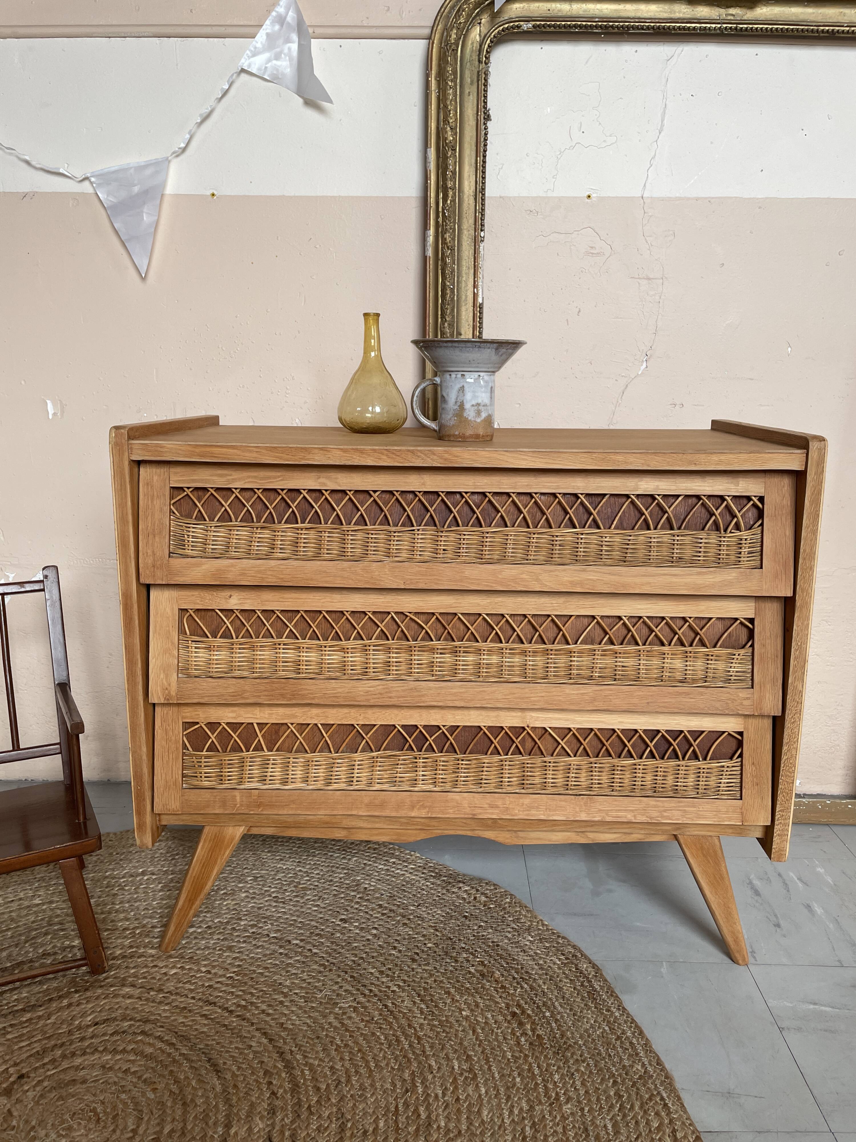 Commode Vintage Bois et Rotin