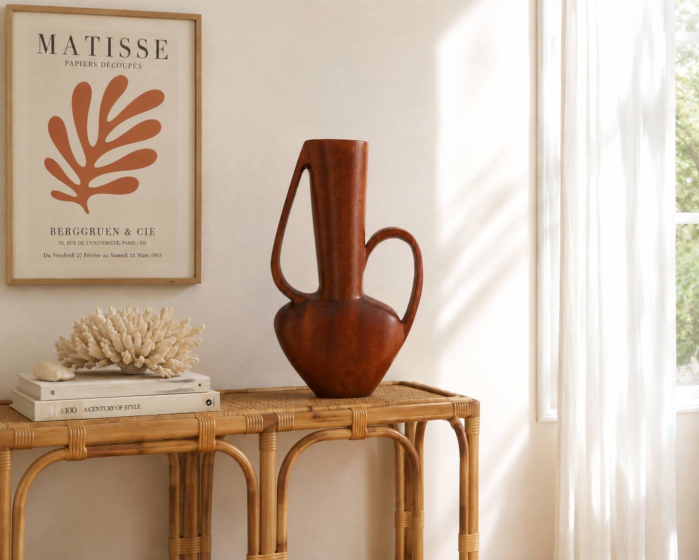 Grand vase jarre à anses sculptural en bois, années 50