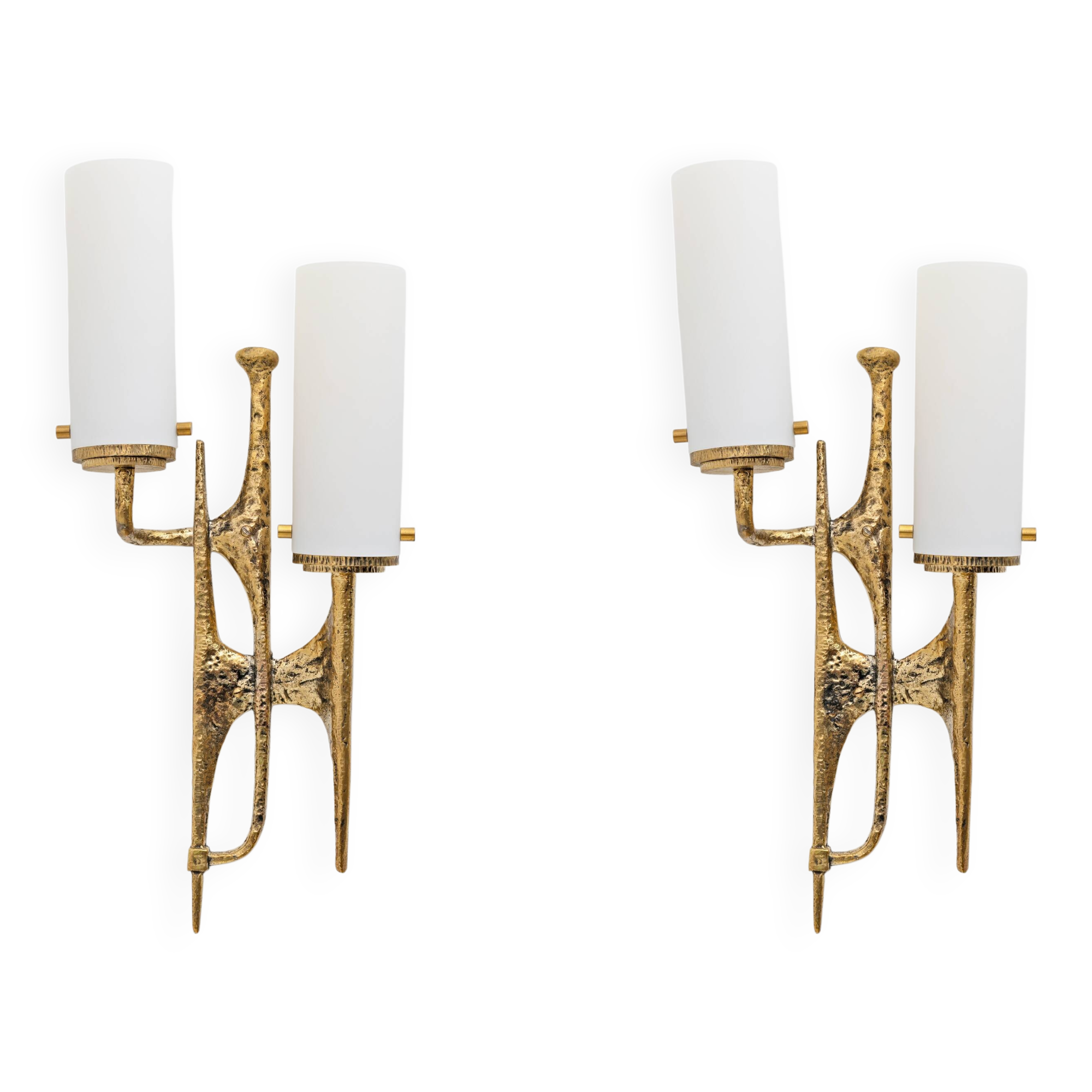 Pair of Brutalist Bronze Wall and Murano glass Sconces by Felix Agostini