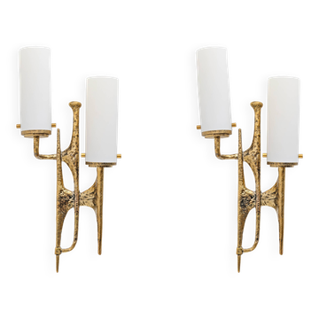 Brutalist wall sconces in bronze and Murano glass in the style of Felix Agostini.