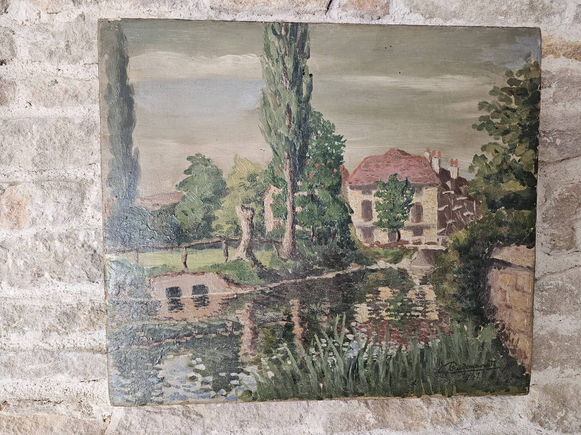 Oil on canvas painting View of the Mill signed Paudonneret? 1941
