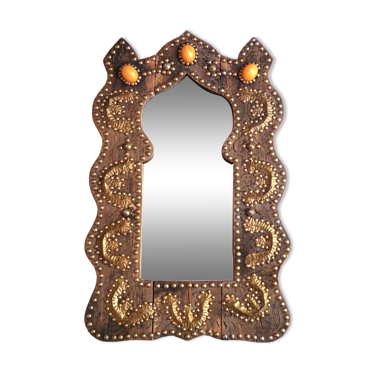 Moroccan wooden mirror decorated with brass, 70s