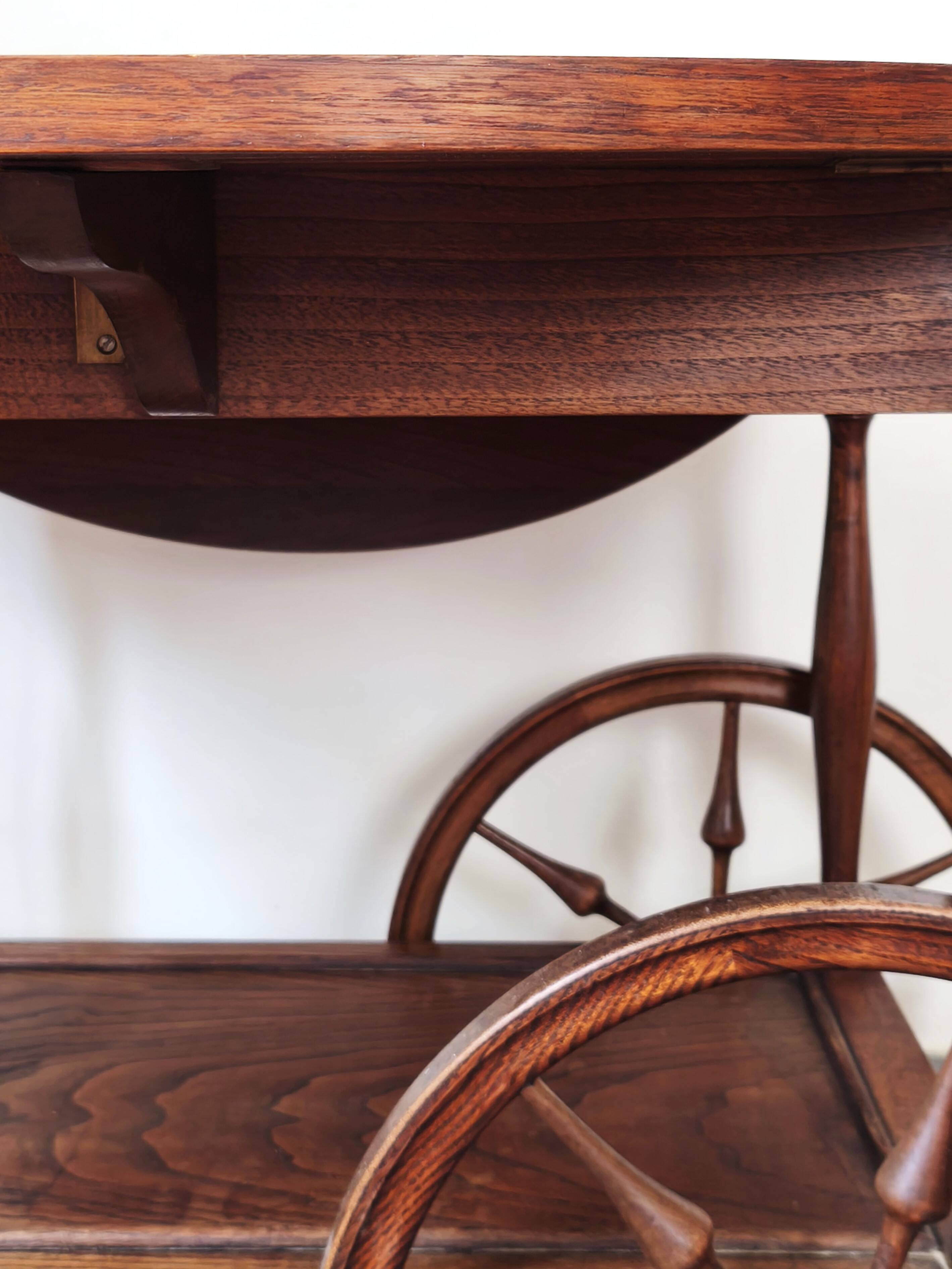Folding dessert table in solid chestnut, 2 drawers, wheels, 20th century.