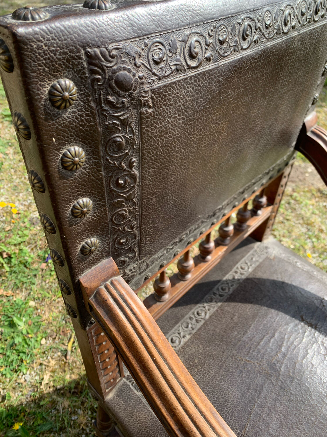 Pair of henri ll leather armchairs pushed back end 19 th