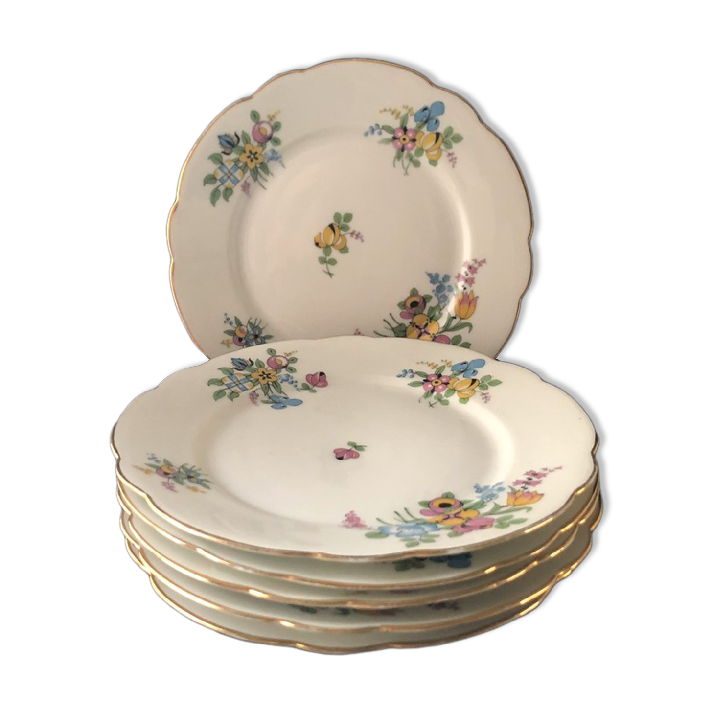 6 flat flowery plates in Limoges porcelain