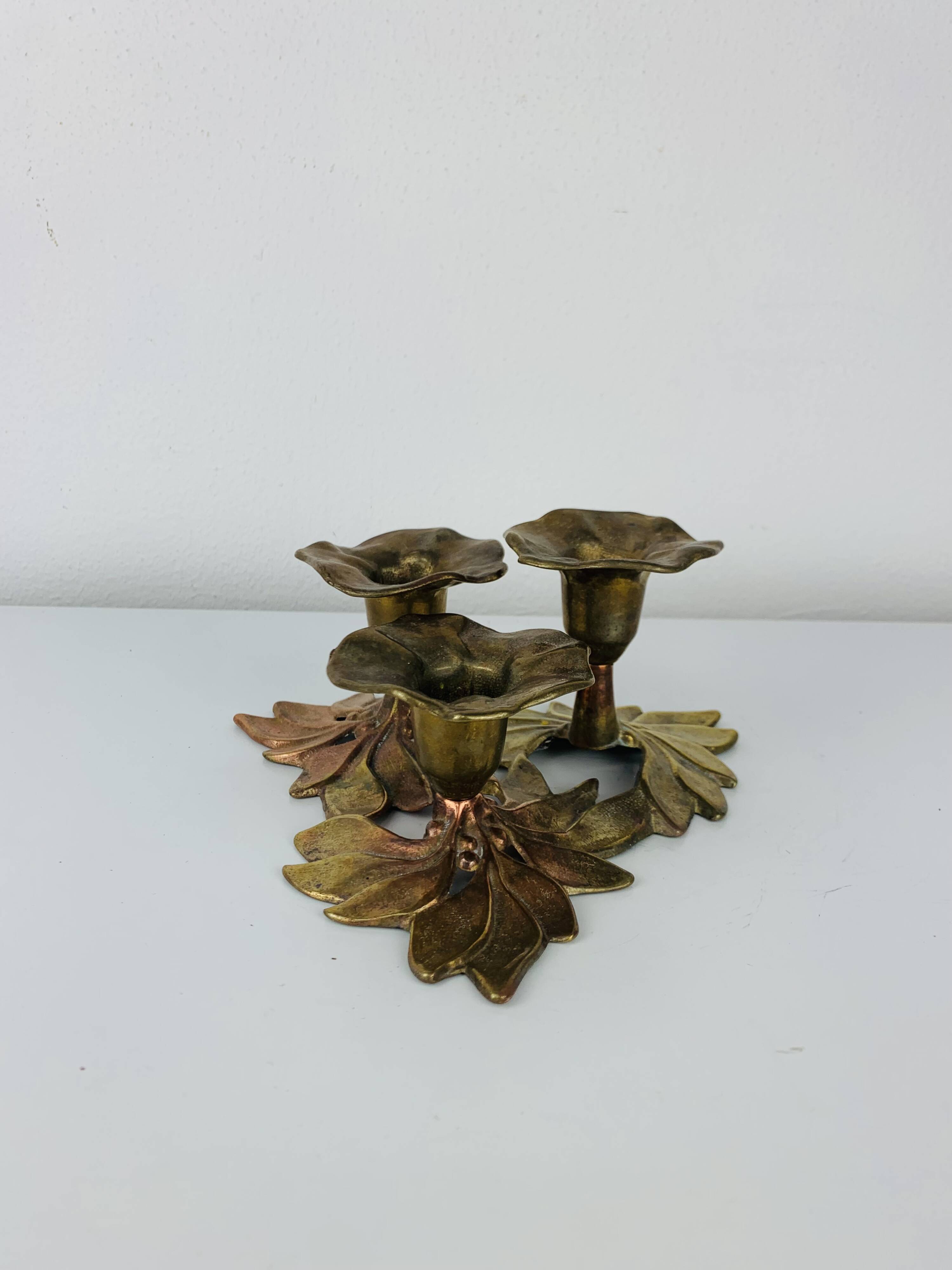 Bougeoir laiton trio de fleurs, vintage