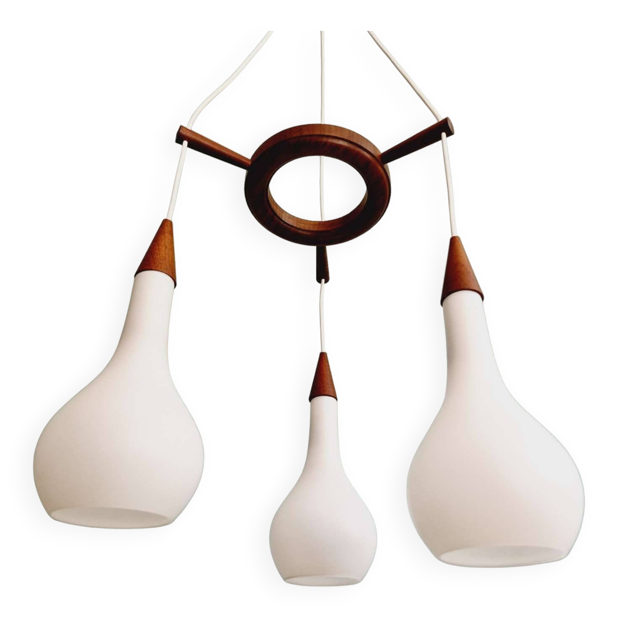 Scandinavian teak and frosted white glass chandelier, 1960.