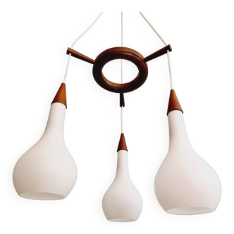Scandinavian teak and frosted white glass chandelier, 1960.