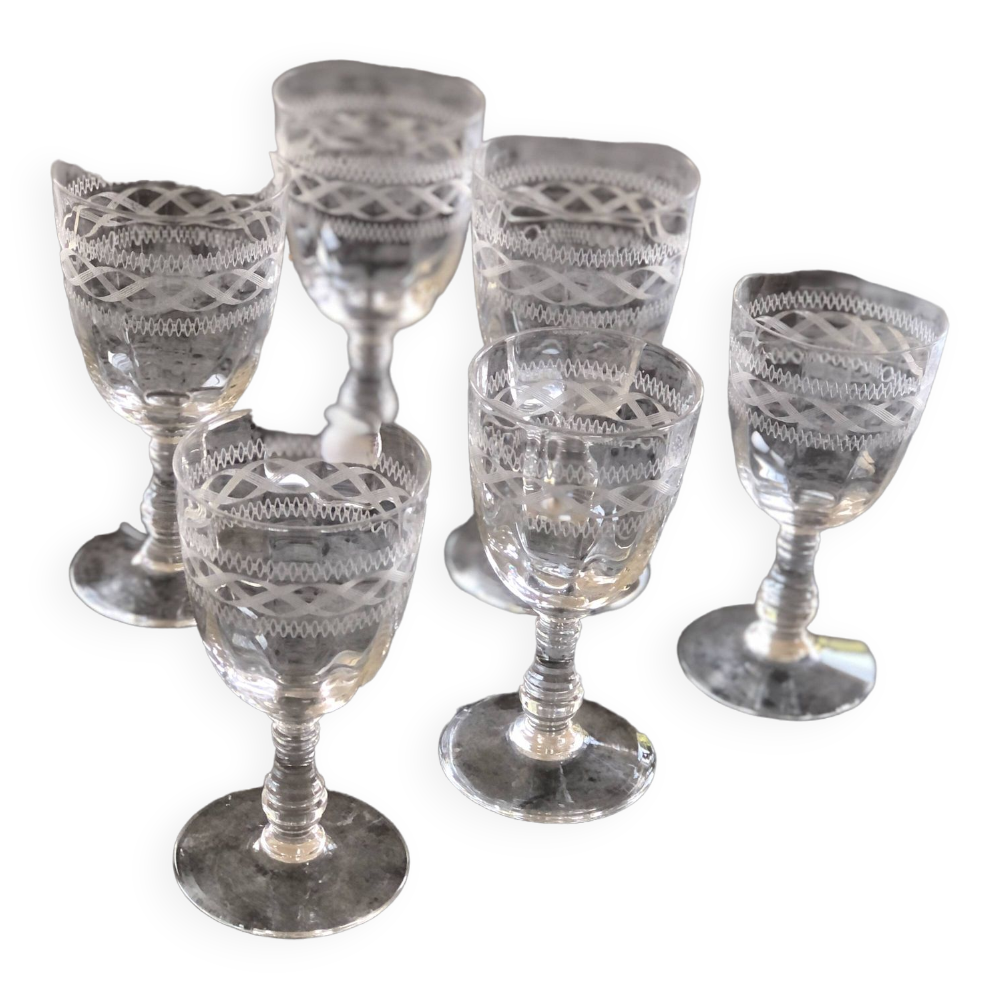 6 old engraved crystal glasses