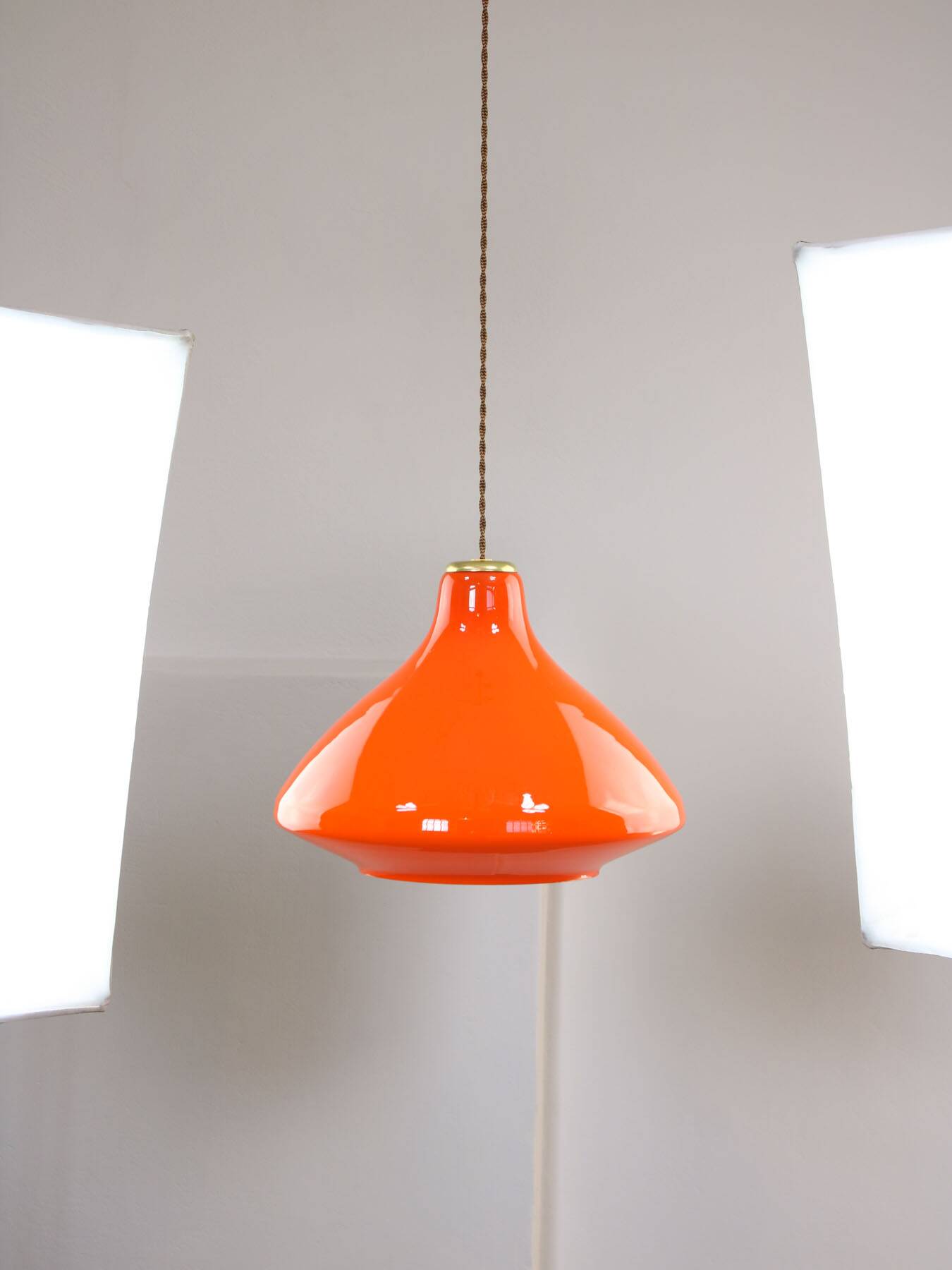 Mid-Century Italian Orange Glass and Brass Pendant Lamp