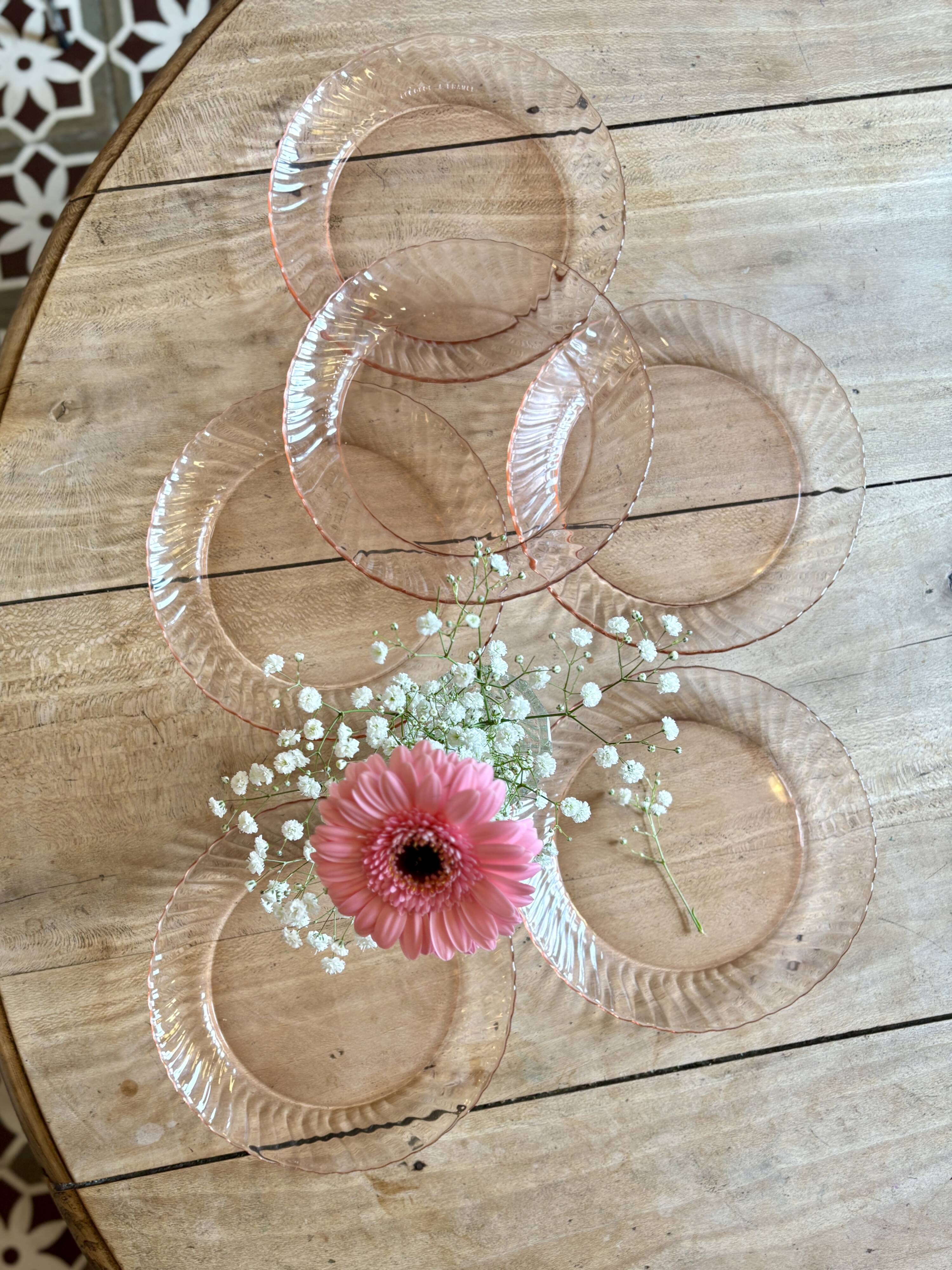 Set of 6 vintage Arcoroc rosaline dessert plates