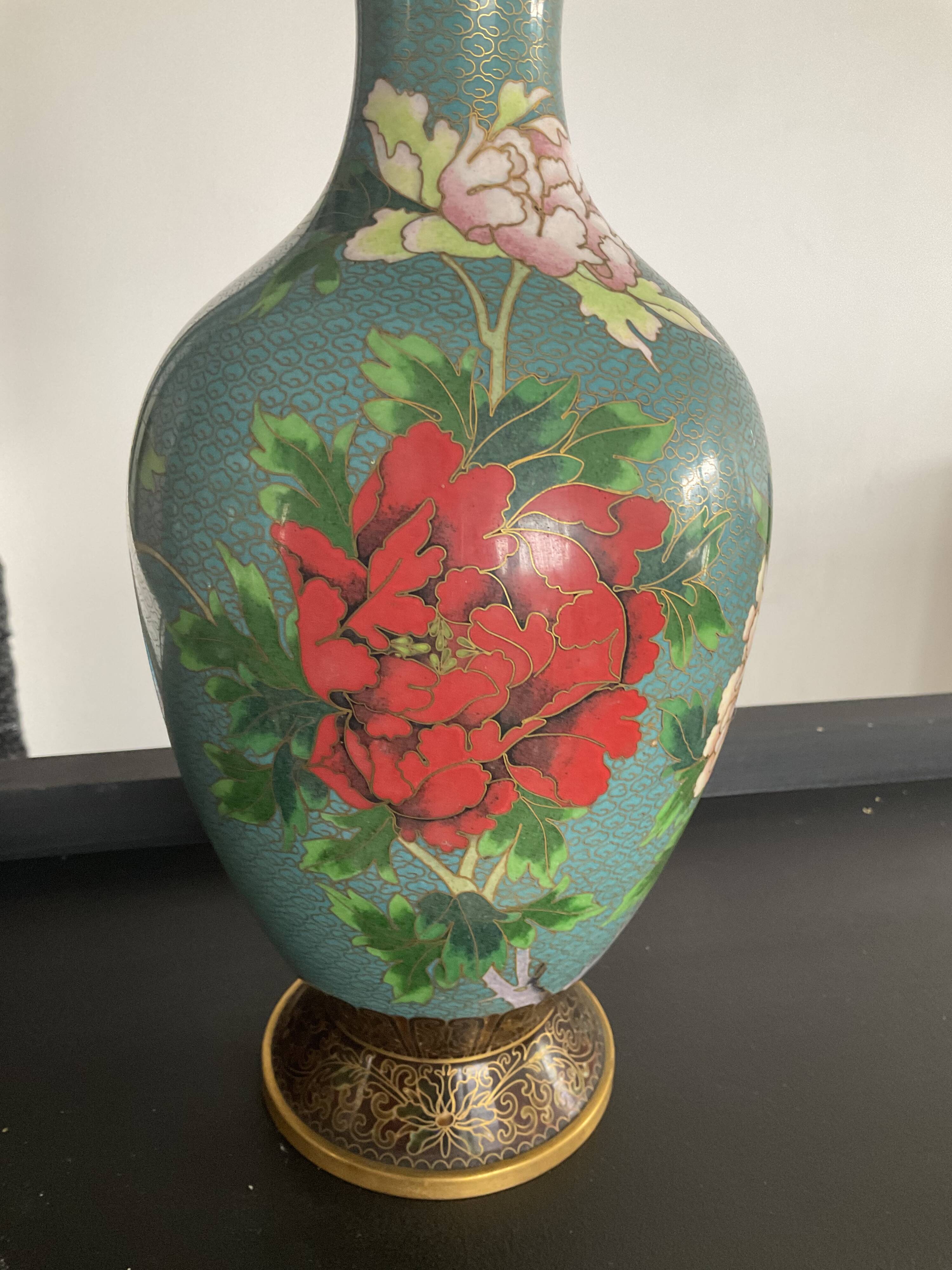 Vintage cloisonné vase in enamels and brass