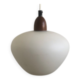 Scandinavian pendant lamp of the fifties in opaline and danish design teak