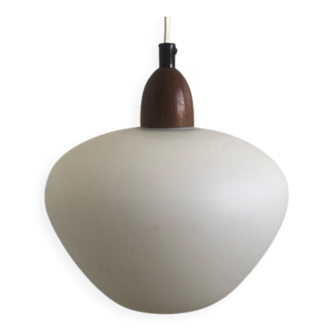 Scandinavian pendant lamp of the fifties in opaline and danish design teak