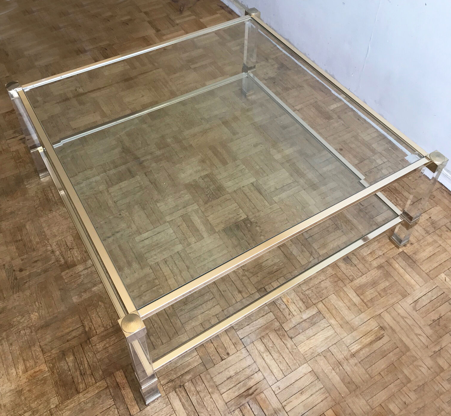 Square plexiglass coffee table, brass and glass Pierre Vandel