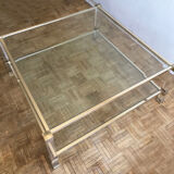 Square plexiglass coffee table, brass and glass Pierre Vandel