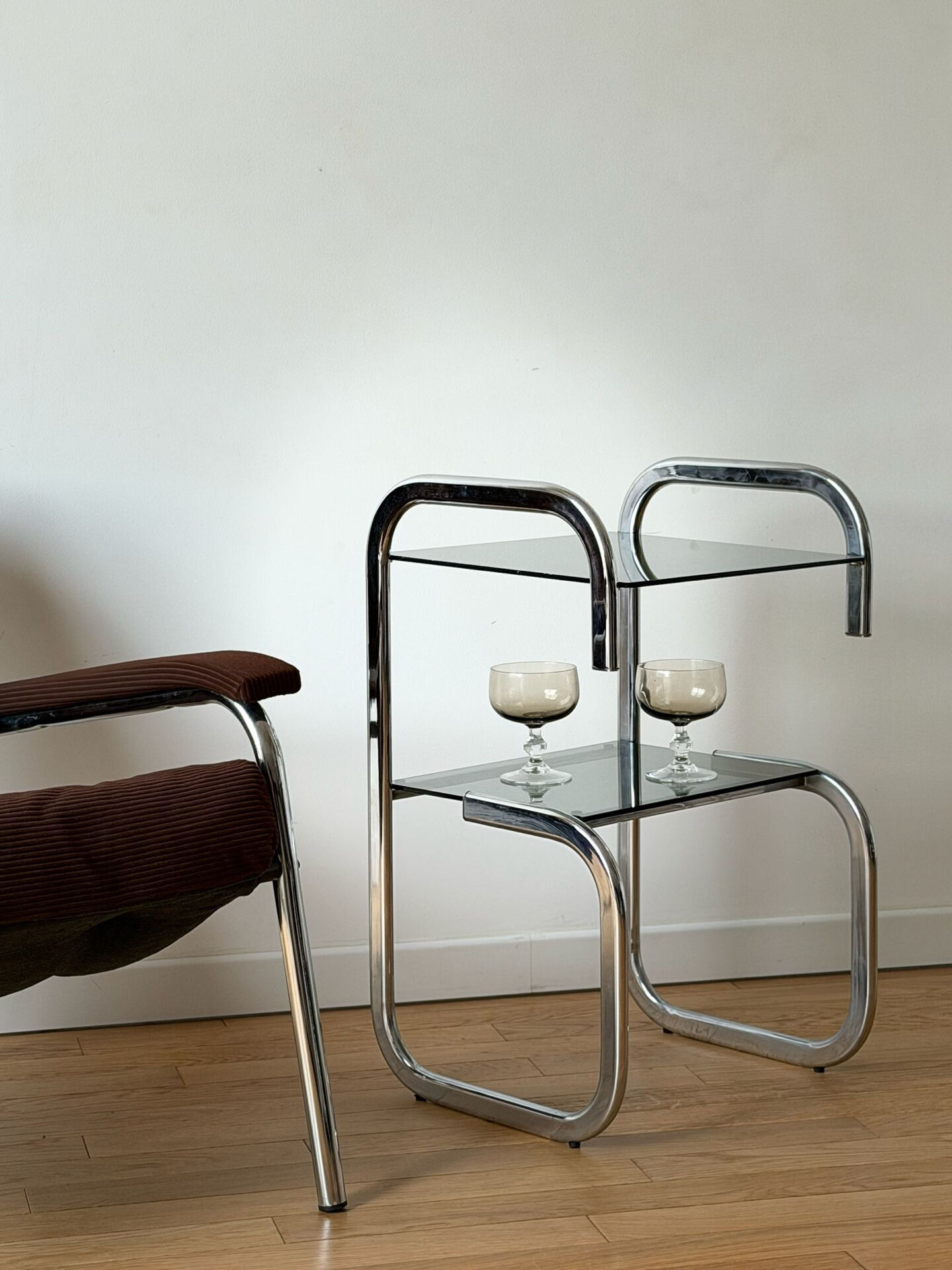 Vintage side table in smoked glass and chrome