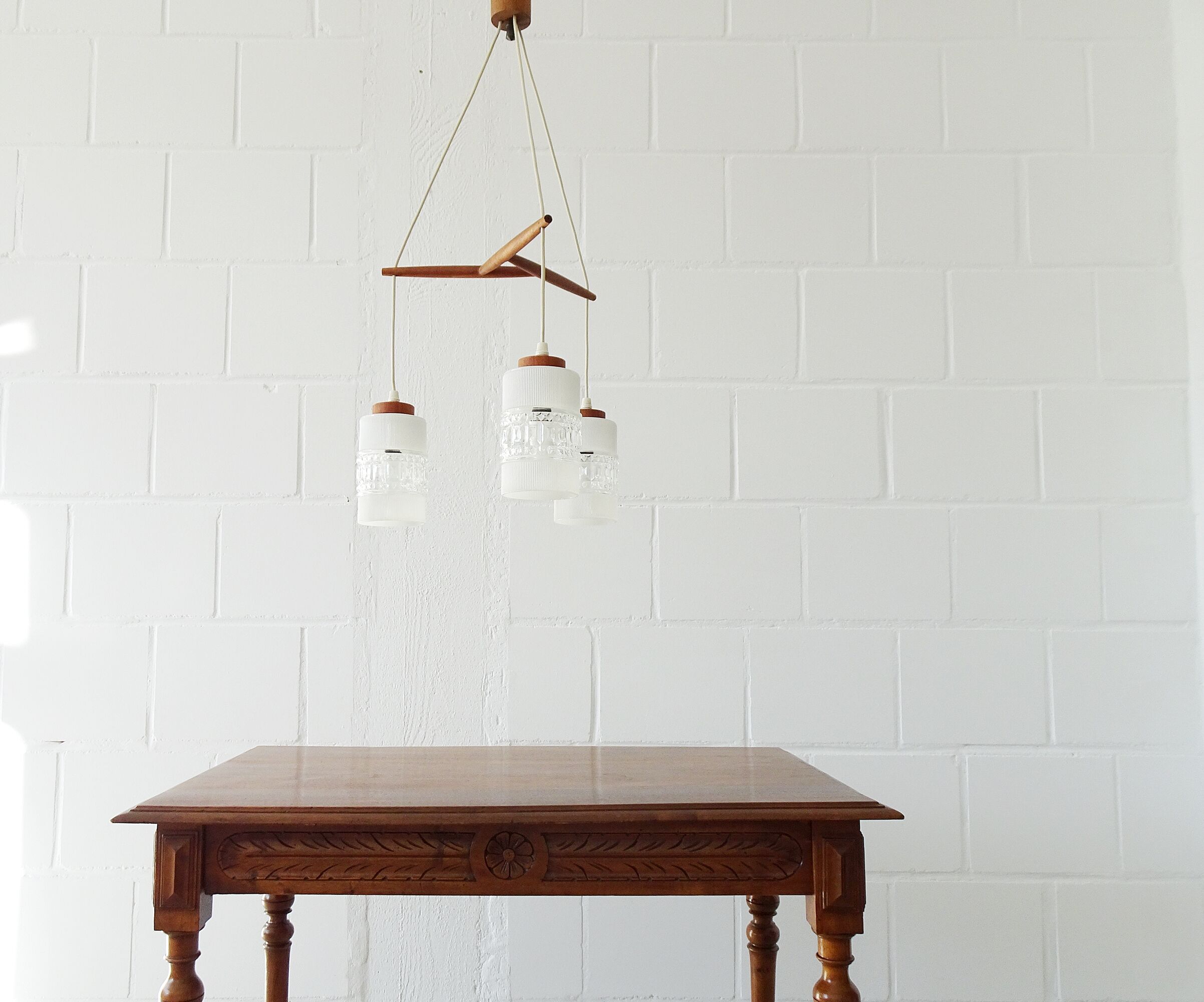 Teak hanging lamp with three lamps, Mid Century chandelier made of glass and teak