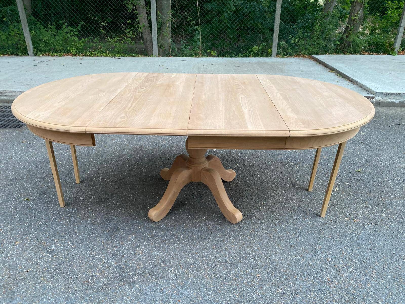 Table à manger ronde extensible décapée en merisier massif brut pied centra
