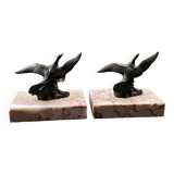 Pair of marble bookends with bronze birds