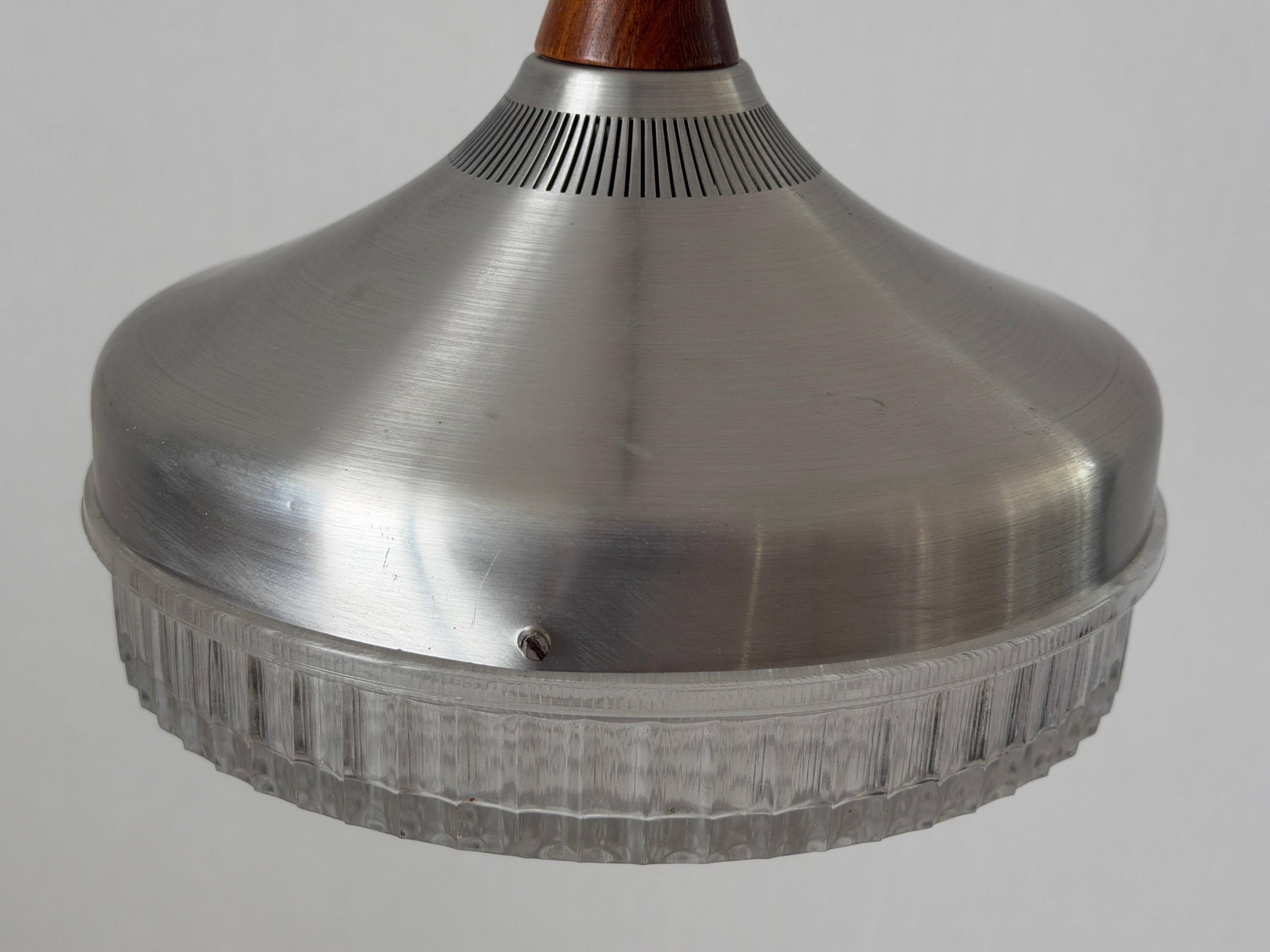 Crystal glass ceiling light with a metal frame and wood details, 1960s, Germany.