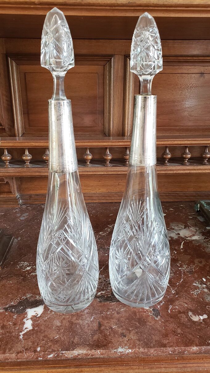 Pair of crystal and metal decanters