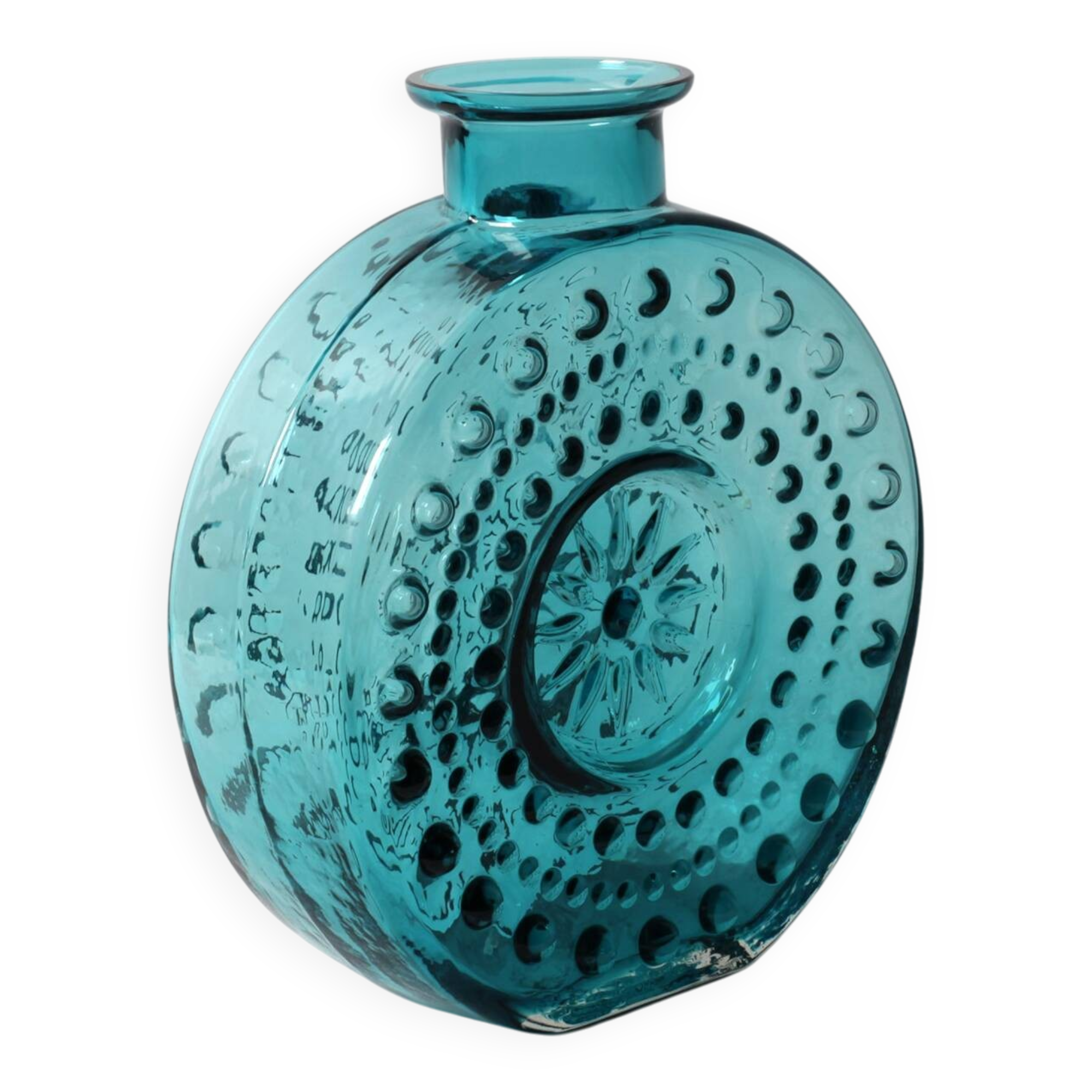 Vintage Teal Blue Glass Vase: Mid-Century Modern Sunburst Design / 1969