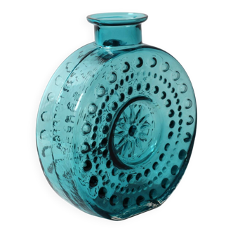 Vintage Teal Blue Glass Vase: Mid-Century Modern Sunburst Design / 1969