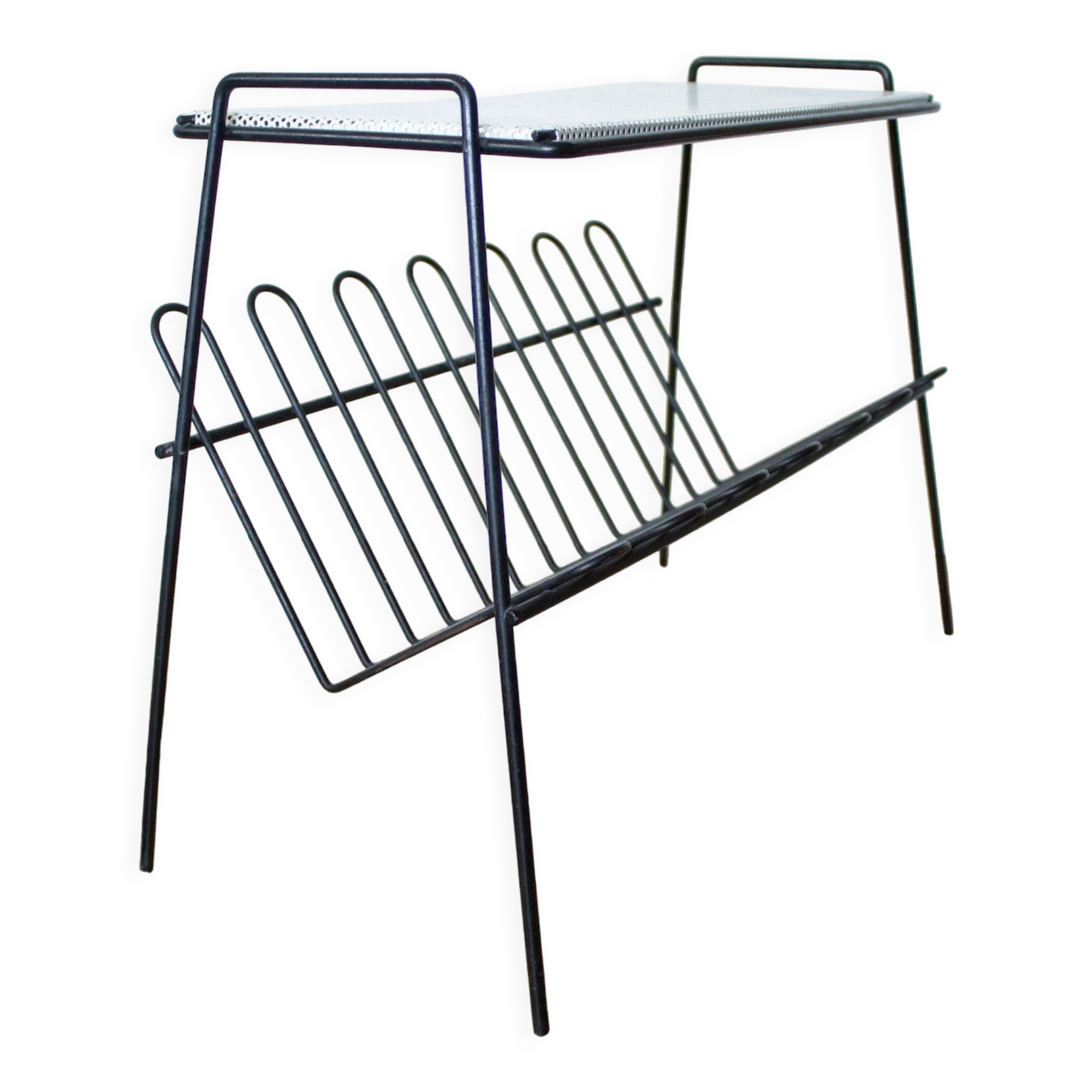 Mid century perorated metal side table with a magazine rack - pilastro tomado artimeta era