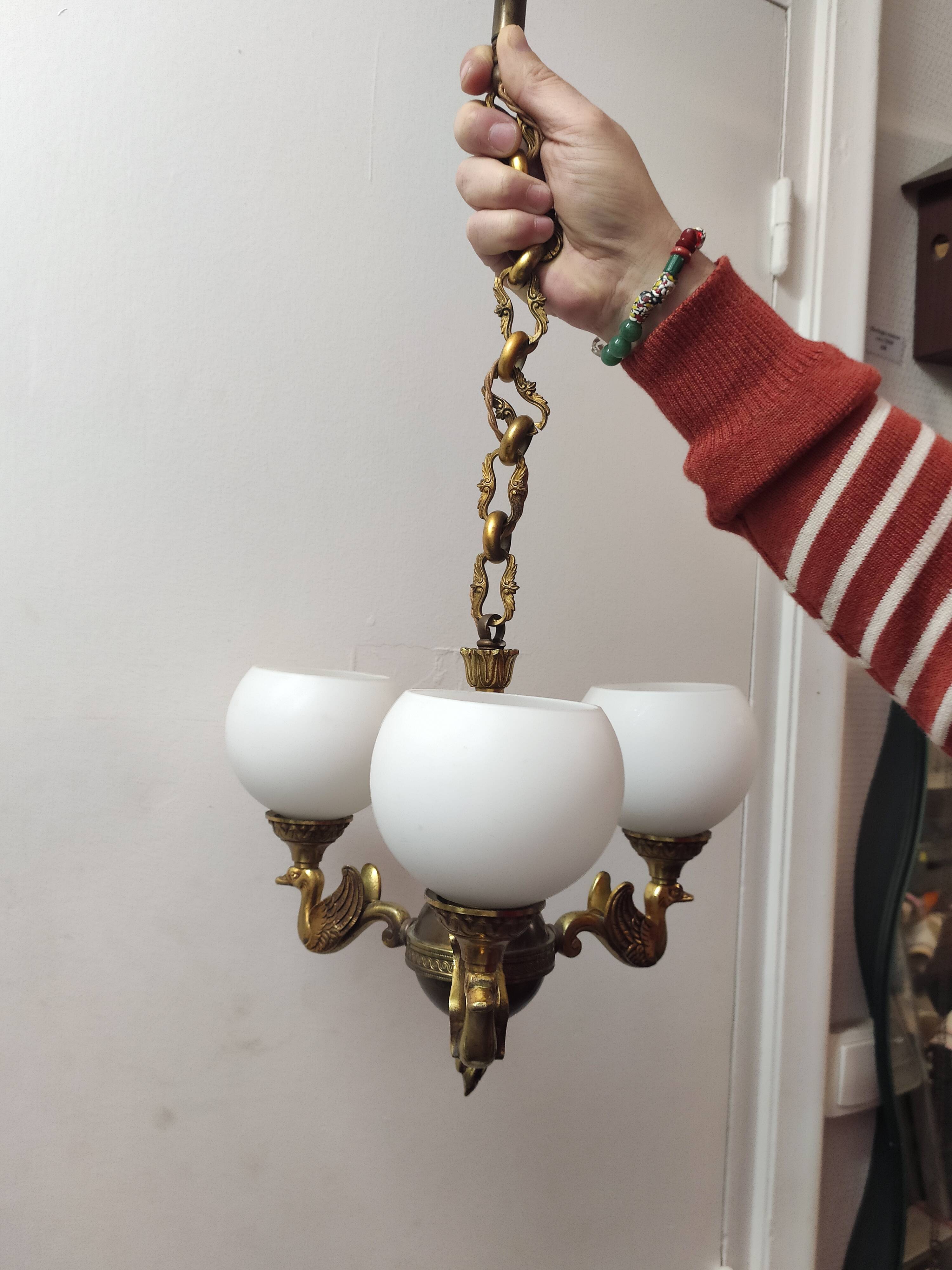 Gilded bronze chandelier & opaline Swan, empire style.