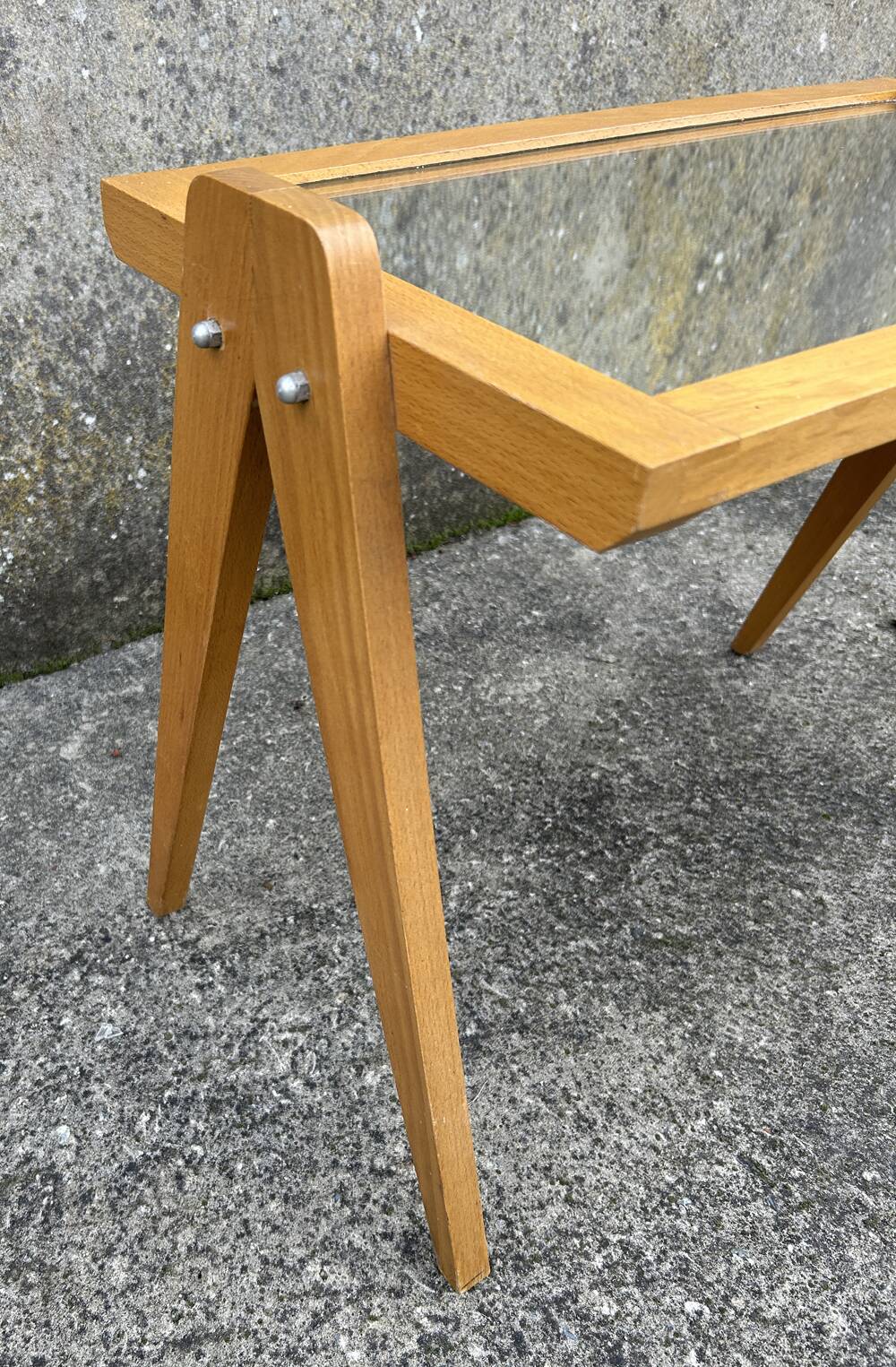 Small coffee table, wood, compass legs and mirror, vintage, 1960s