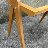 Small coffee table, wood, compass legs and mirror, vintage, 1960s