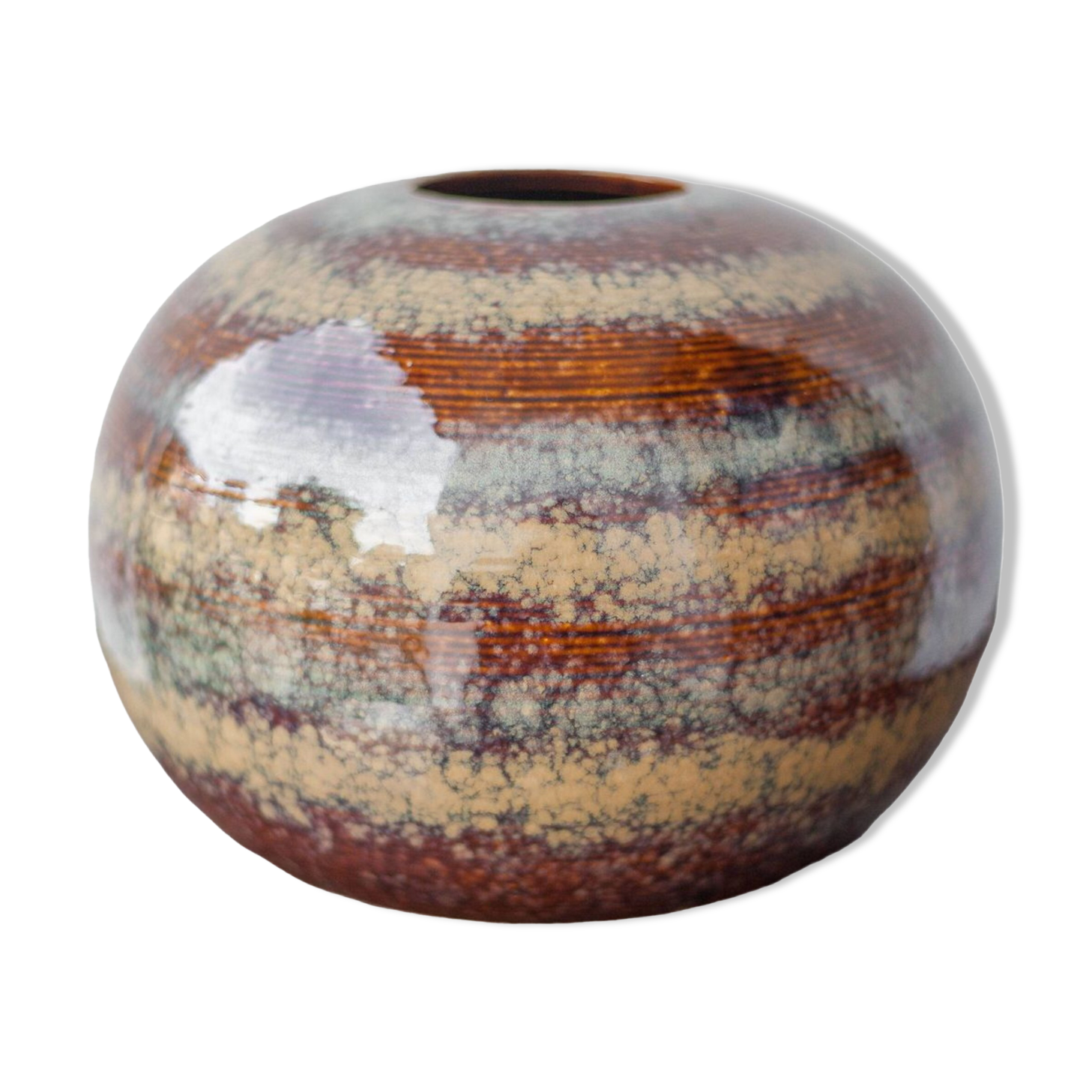 Striated glazed ceramic vase, ball vase, flower pot, interior decoration, collection, 70's