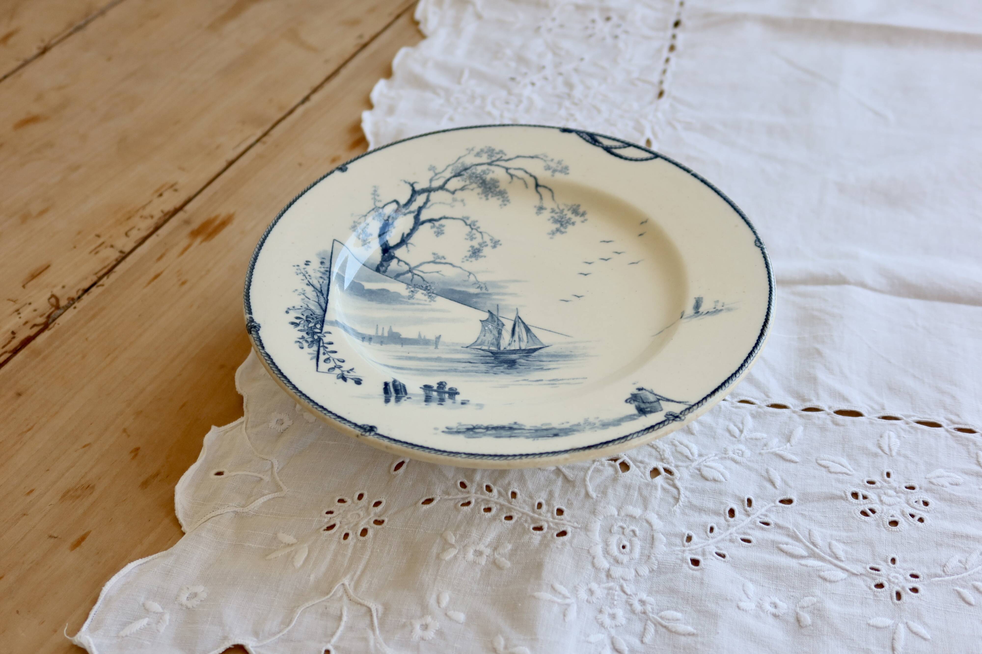 Antique Gien compote dish model Marines - 19th century - Blue marine landscape decoration